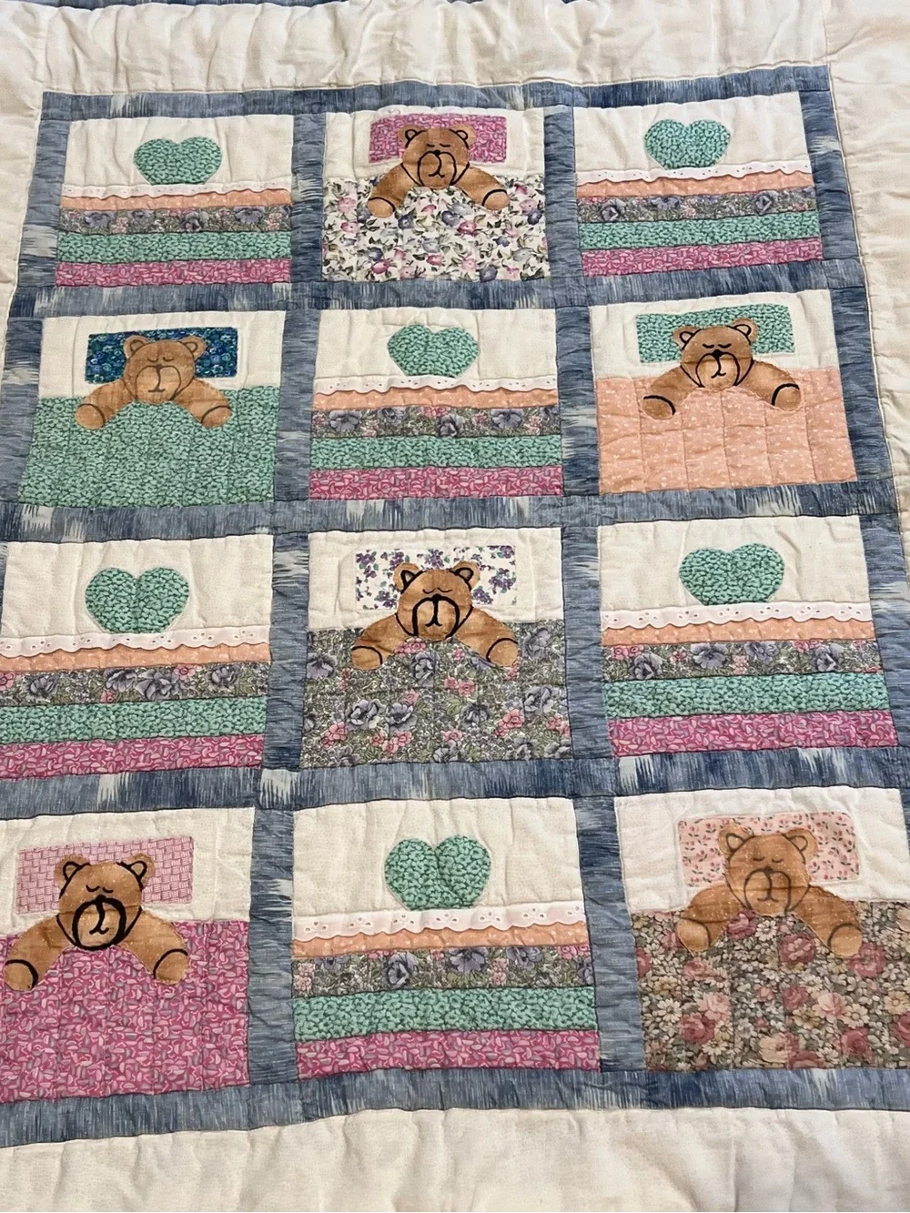 Vintage Nursery Teddy Bear Patchwork Baby Quilt 36x42